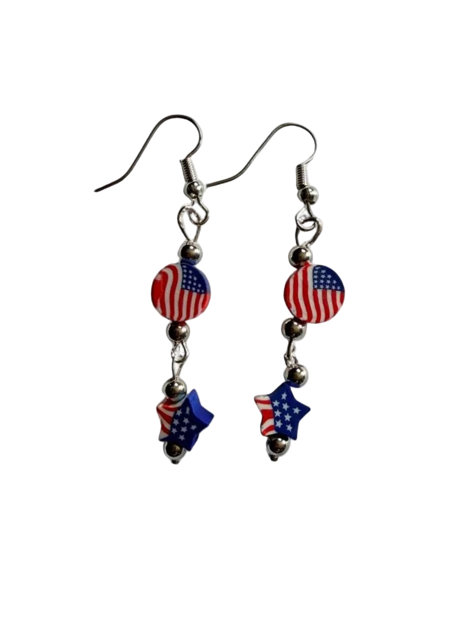 Handmade Patriotic Stacked Flag Bead Dangle Earrings | Red White & Blue Star Drops