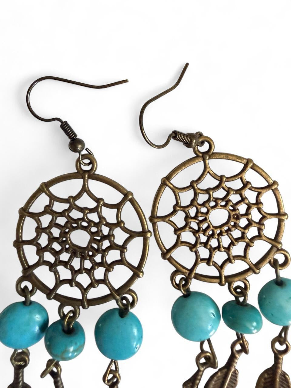 Harvest Souls – Turquoise Dreamcatcher & Feather Earrings