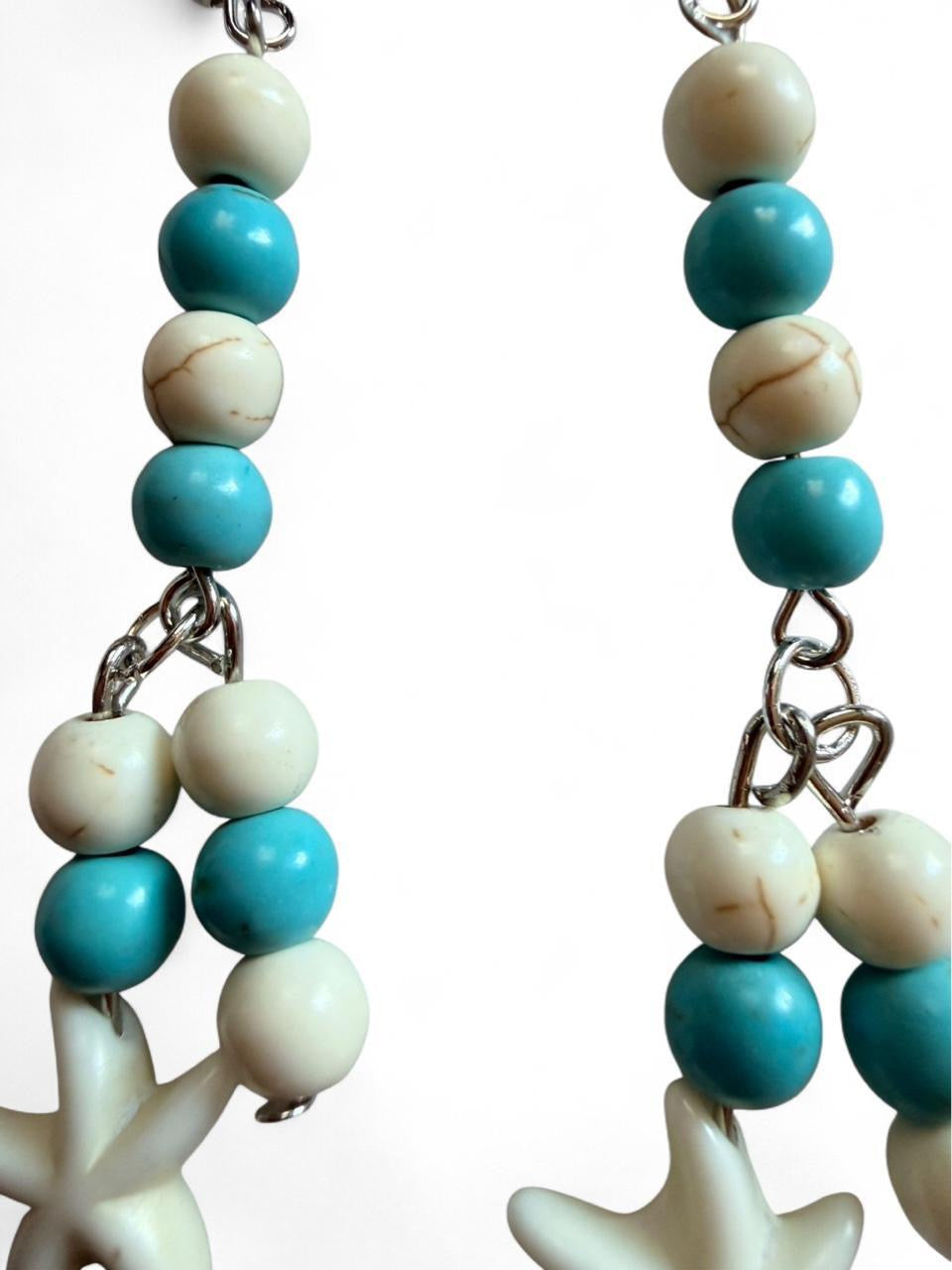 Handcrafted Turquoise & Cream Marbled Beaded Starfish Chandelier Dangle Earrings