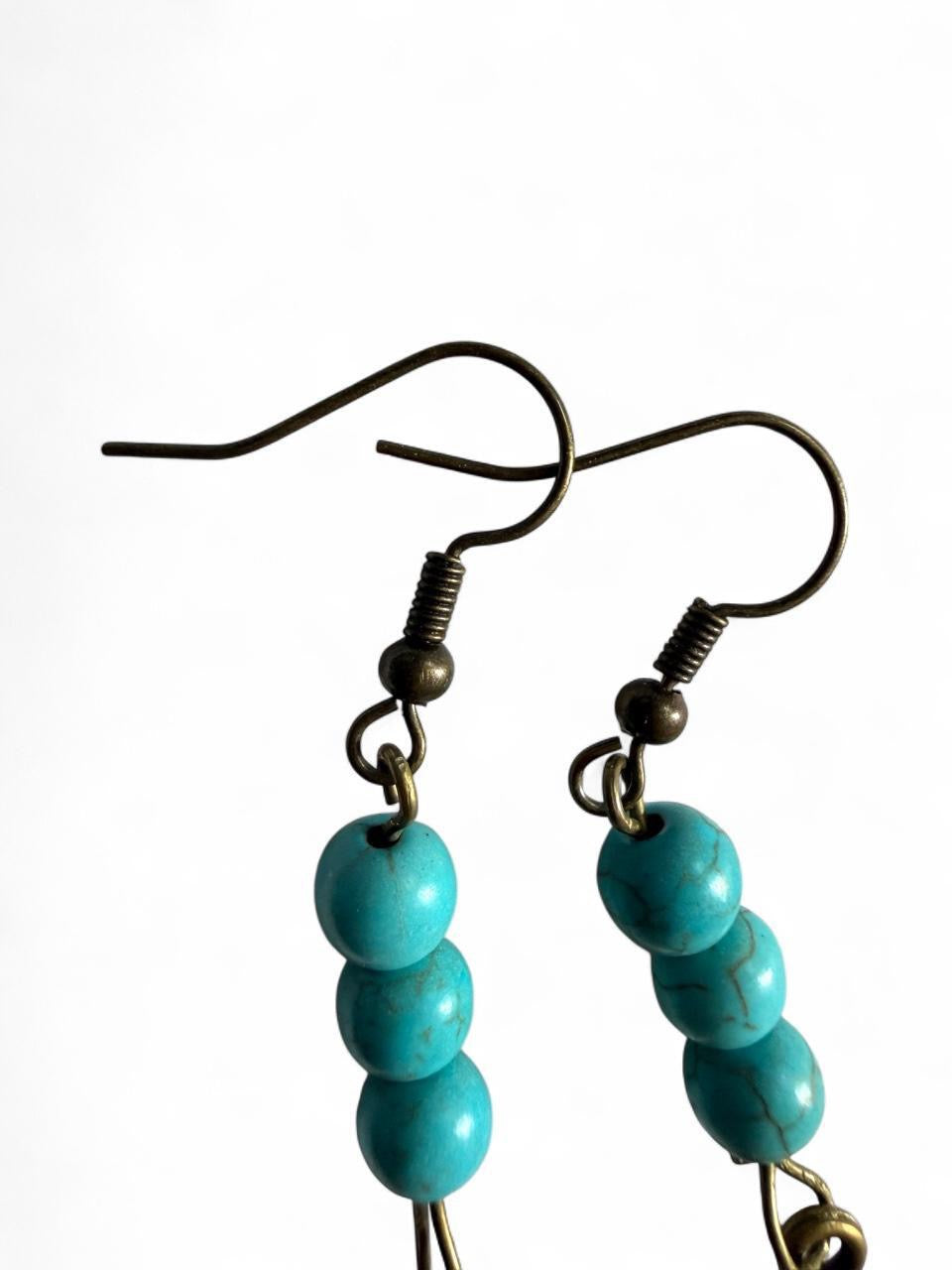 Handmade Bronze Feather Turquoise Beaded Dangle Earrings