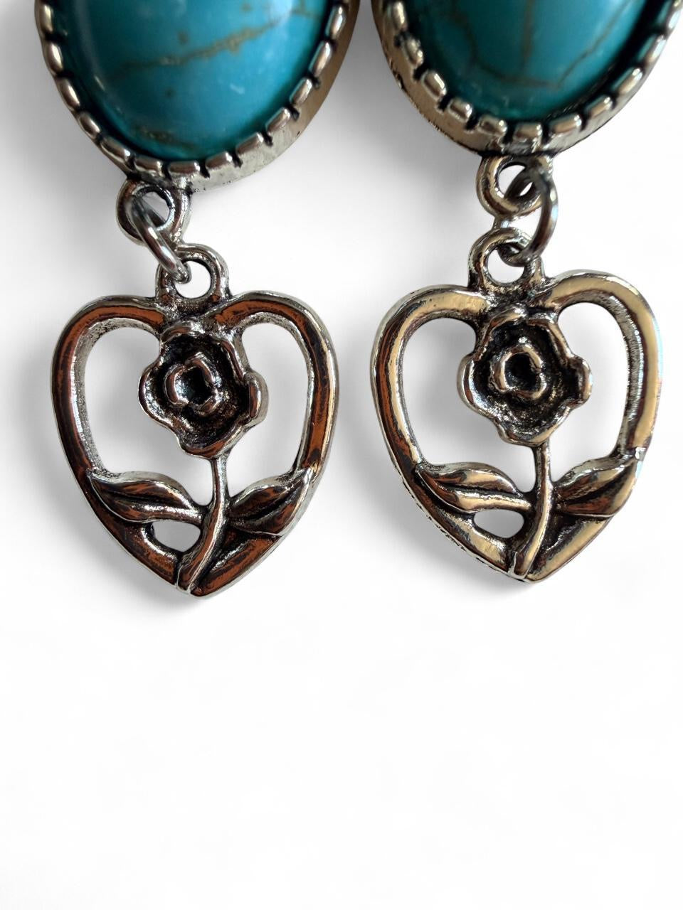 Handmade Turquoise & Silver Rose Heart Earrings