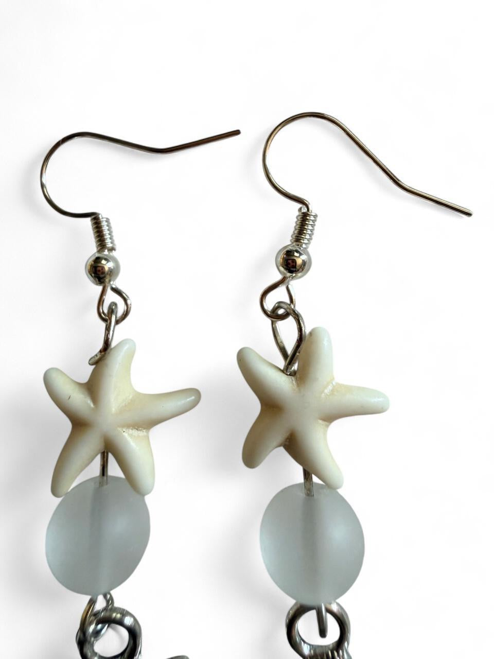 Handcrafted White Starfish & Seashell Dangle Earrings