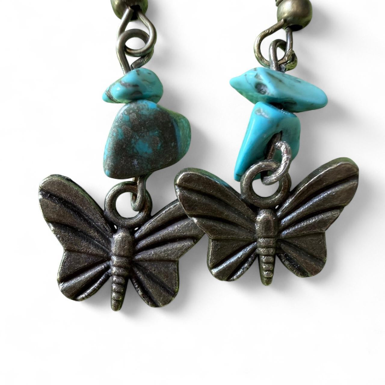 Handmade Turquoise Chip Butterfly Dangle Earrings | Boho Nature Inspired