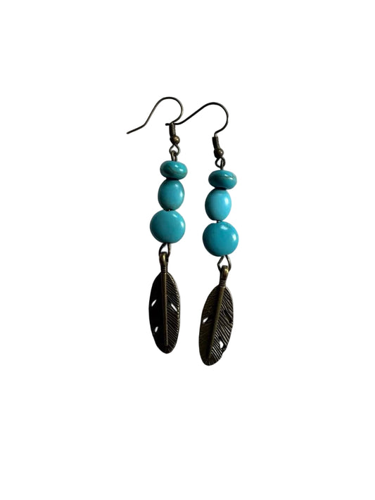 Handmade Turquoise Bead & Feather Dangle Earrings