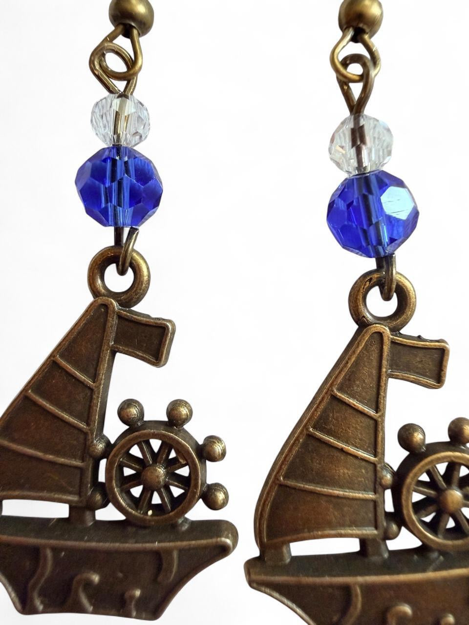 End of Summer Americana Bronze Sailboat Earrings - Royal Blue Nautical Dangle