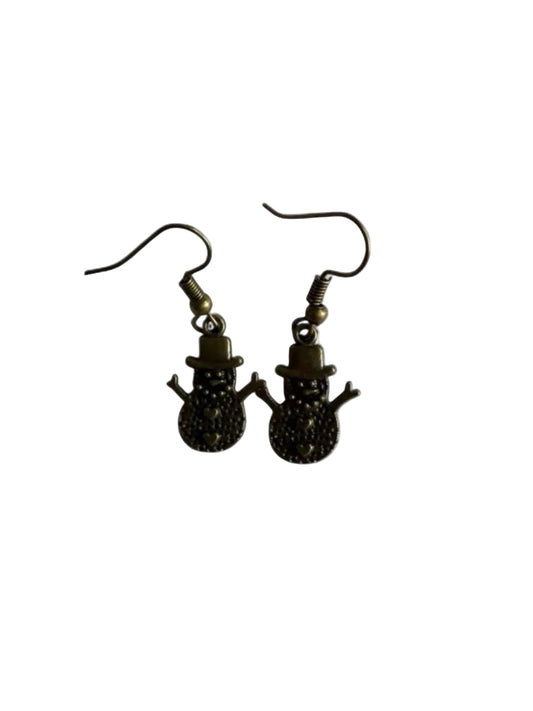 Handmade Bronze Snowman Earrings – Cute Winter Holiday Jewelry