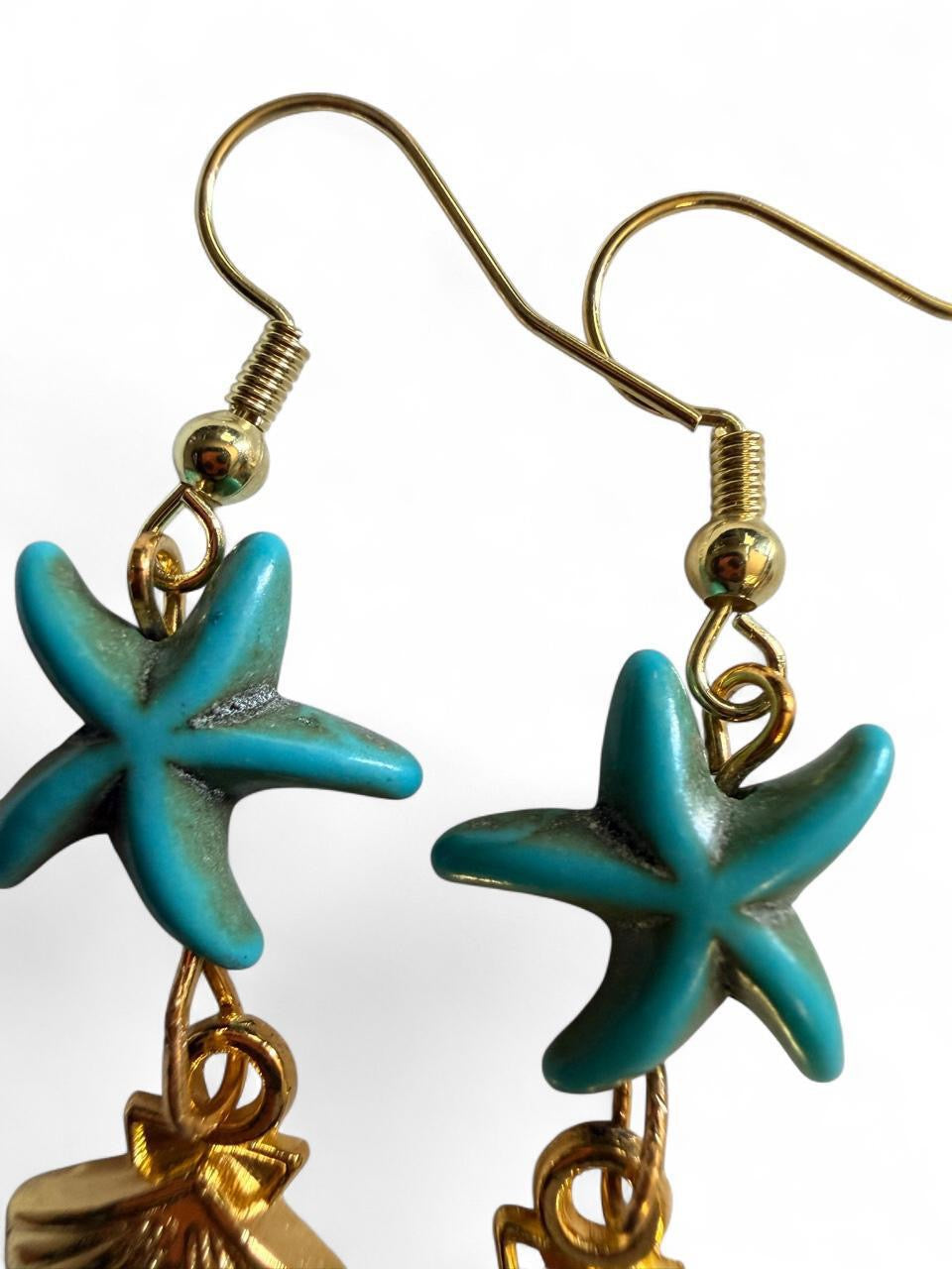 Handcrafted Turquoise Starfish & Shiny Gold Seashell Dangle Earrings