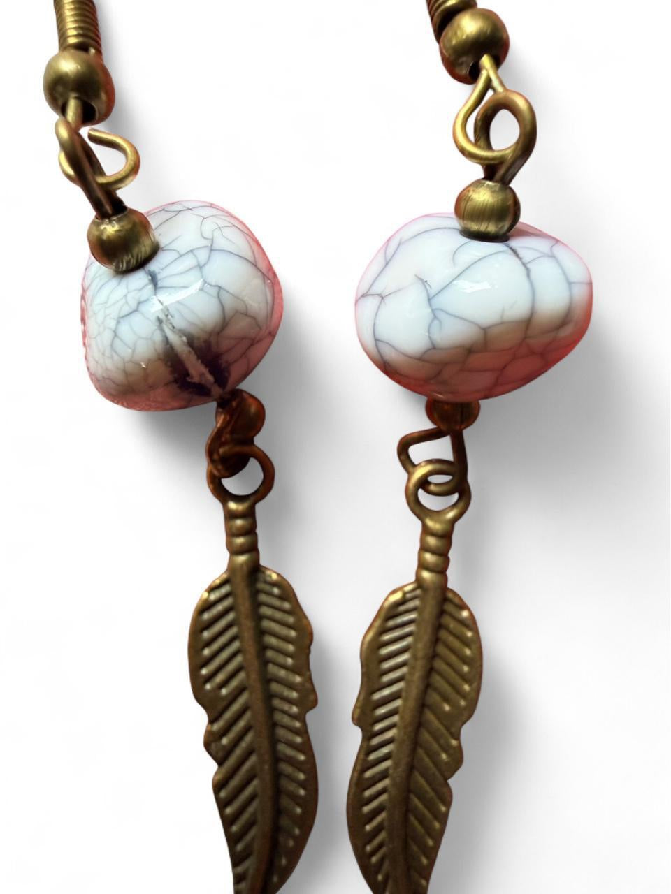 Handmade Feather Earrings – Crackle Bead & Antique Bronze