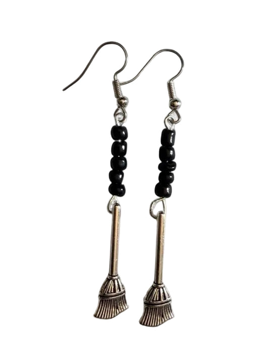 Boo-tiful Beaded Broomstick Earrings | Witch Broom Dangle Earrings with Black Beads | Halloween Earrings | Boo-tiful Souls Collection