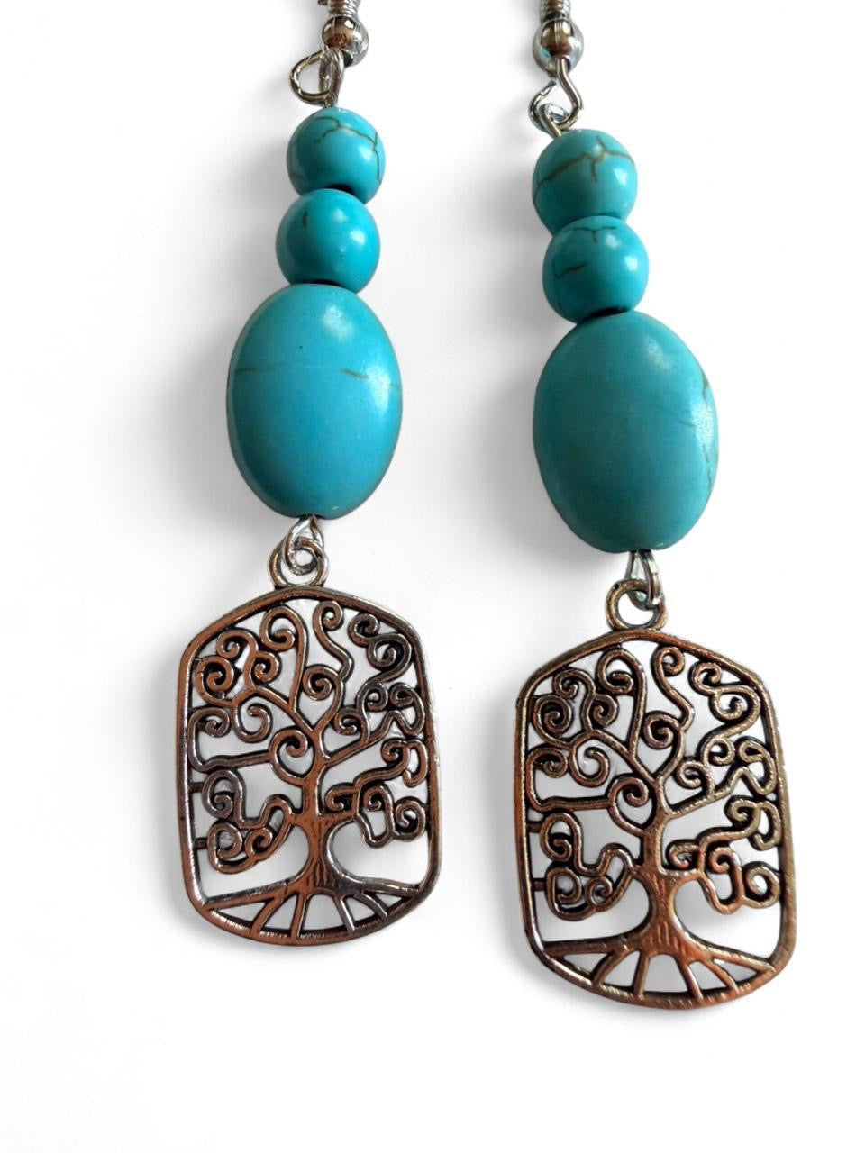 Handmade Turquoise Tree of Life Dangle Earrings – Boho Spiritual Beaded Earrings