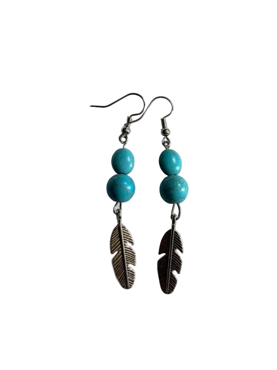 Handmade Turquoise & Silver Feather Dangle Earrings