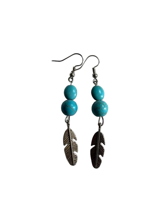 Handmade Turquoise & Silver Feather Dangle Earrings