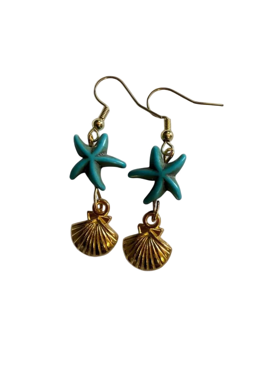 Handcrafted Turquoise Starfish & Shiny Gold Seashell Dangle Earrings