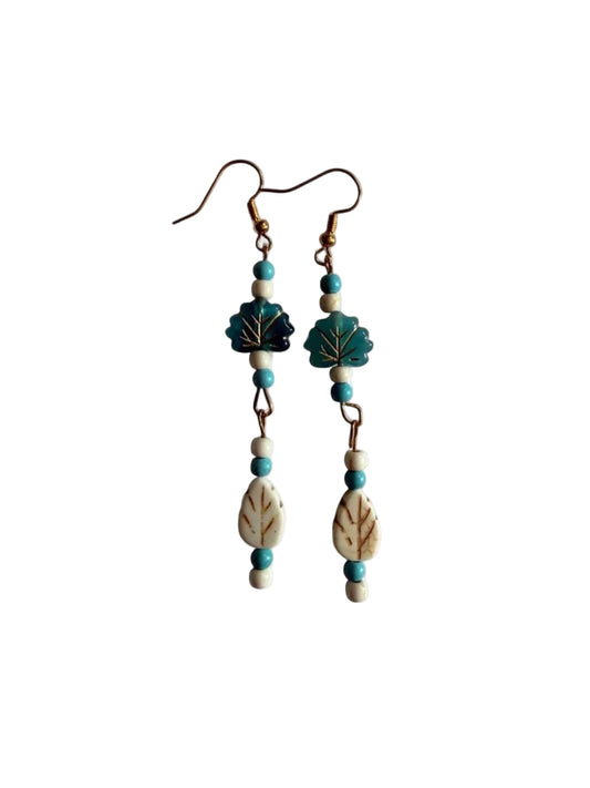 Handmade Turquoise & White Leaf Beaded Dangle Earrings