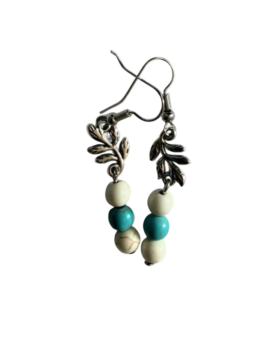 Turquoise & Ivory Leaf Branch Earrings | Boho Beaded Dangle Earrings