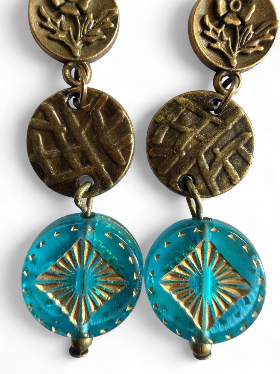 Product Title: Handmade Vintage-Inspired Bronze Floral & Aqua Blue Dangle Earrings