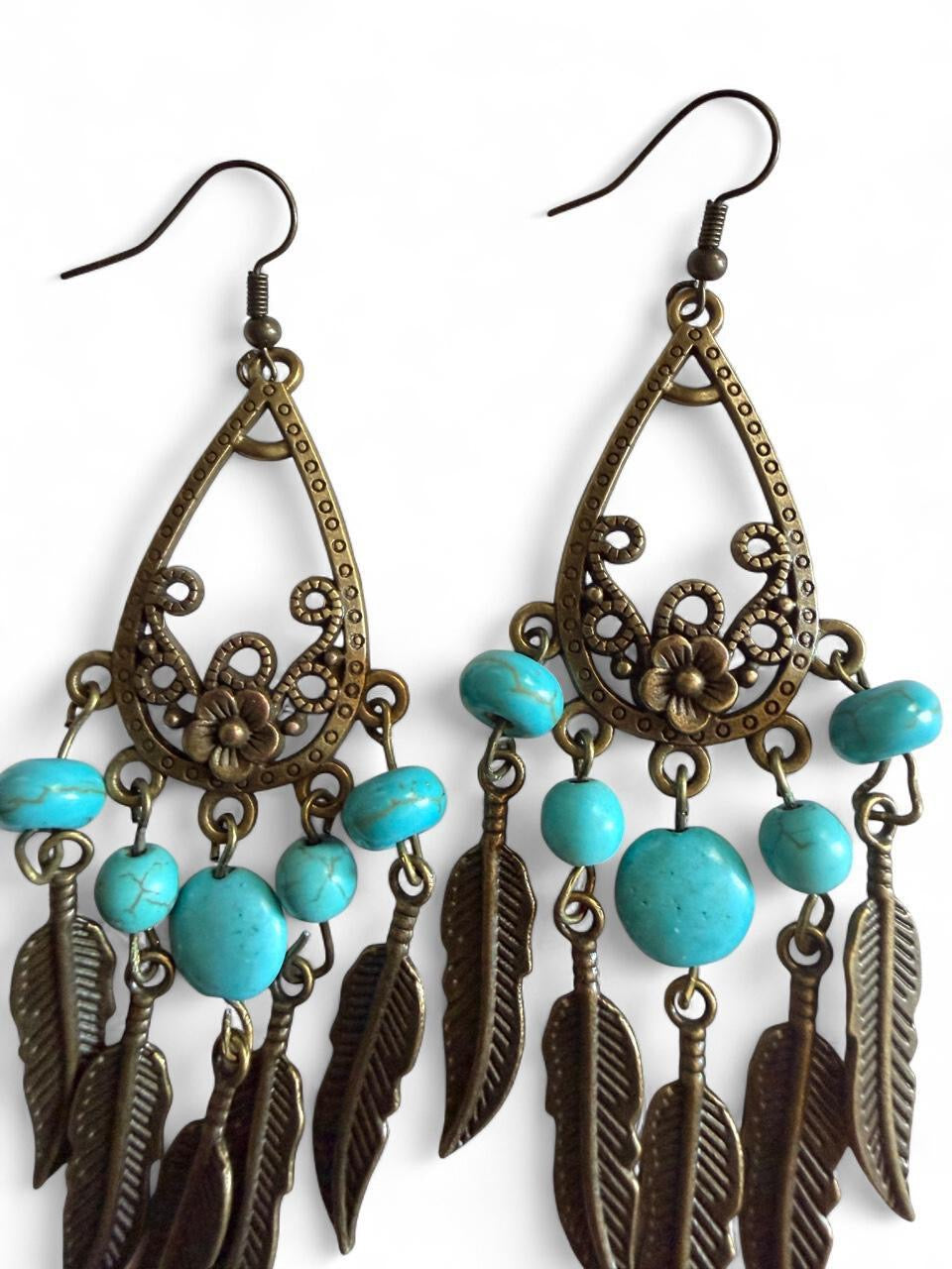 Dreamcatcher Feather Earrings - Turquoise & Antique Bronze - Handmade Boho Statement