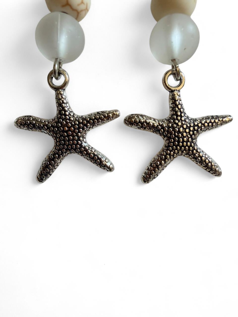 Handcrafted Frosted Sea Glass Style & Marbled Stone Starfish Dangle Earrings