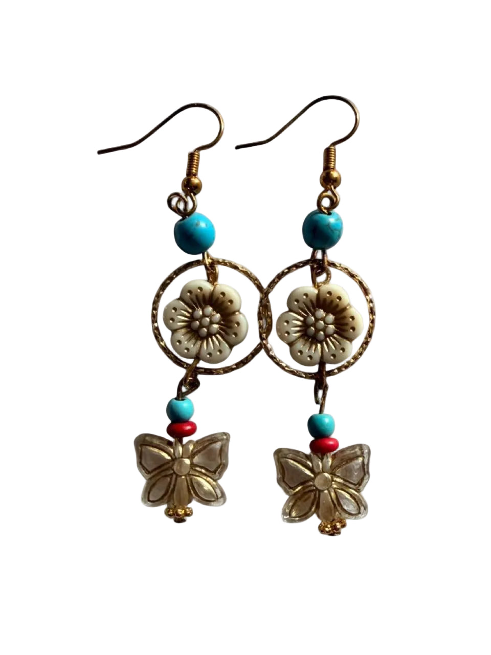 Handmade Boho Butterfly Flower Drop Earrings | Gold Tone Turquoise Red