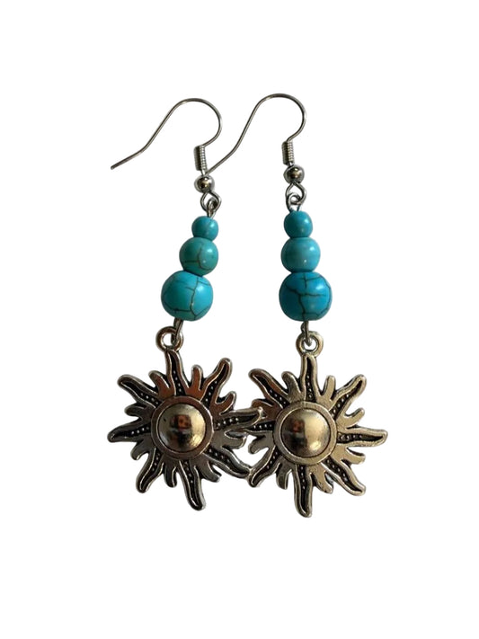 Handcrafted Turquoise Beaded Celestial Sun Dangle Earrings