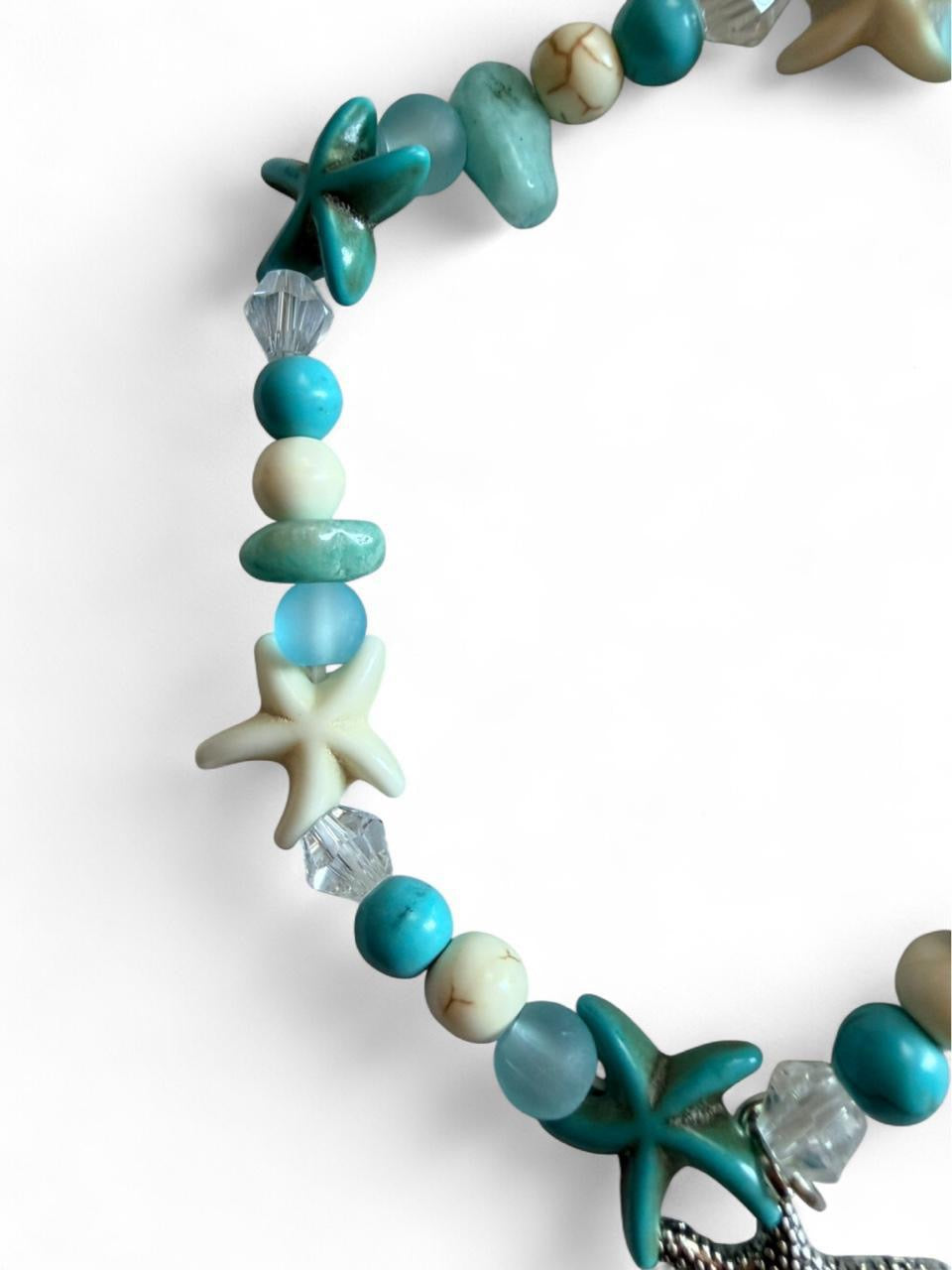 Handcrafted Turquoise & Sea Glass Style Starfish Charm Coastal Anklet