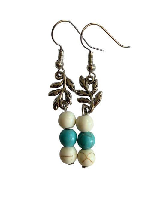 Harvest Leaf & Stone Earrings | Turquoise & Cream Beaded Leaf Earrings | The Harvest Souls Collection