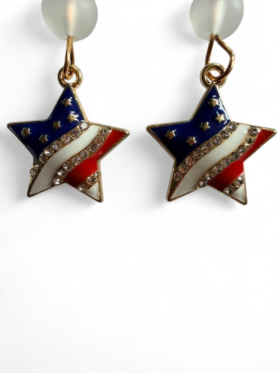 Handmade Patriotic Rhinestone Flag Star Earrings | Frosted Glass Bead Americana Drops