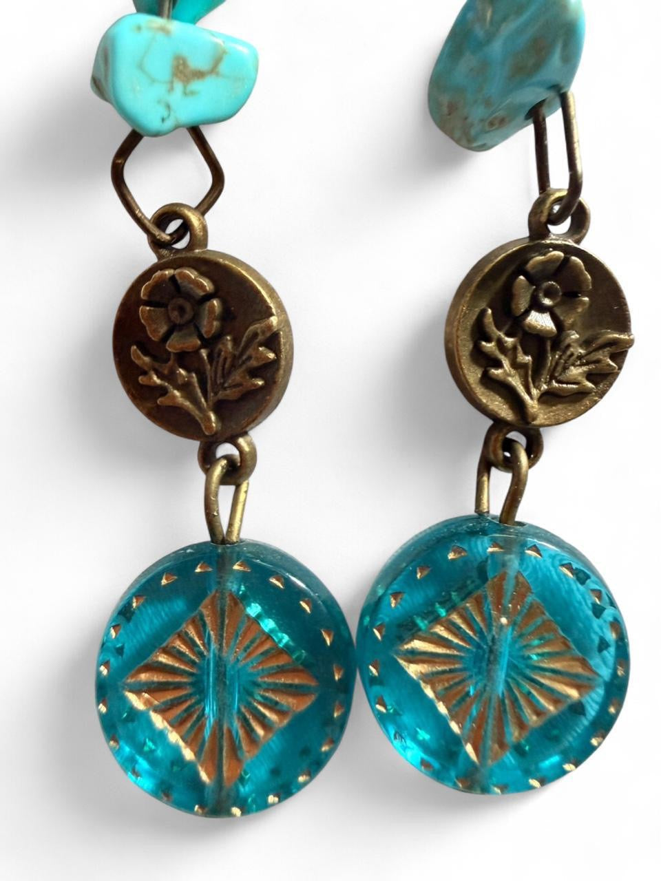 Handmade Turquoise Howlite & Brass Flower Coin Drop Earrings