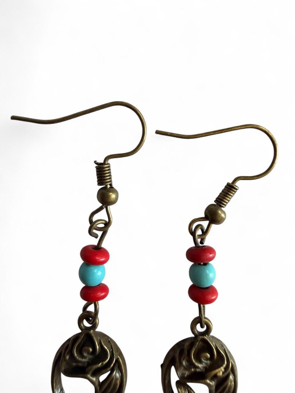 Handmade Bronze Rose Dangle Earrings | Turquoise Red Bead | Boho Southwest