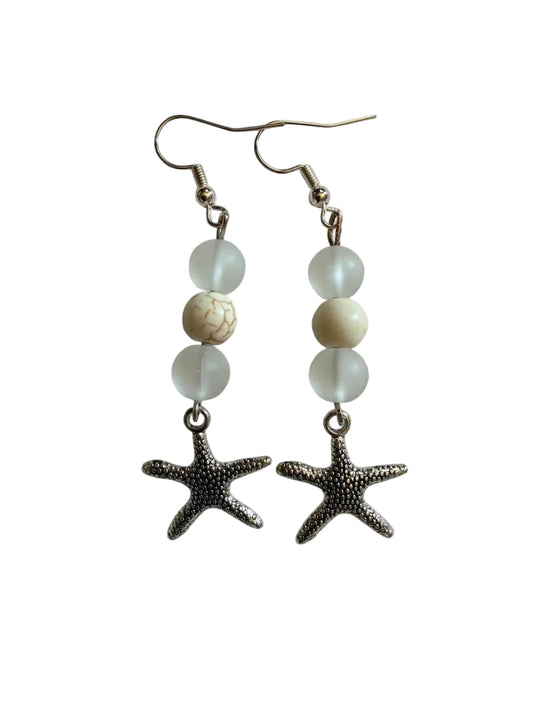 Handcrafted Frosted Sea Glass Style & Marbled Stone Starfish Dangle Earrings