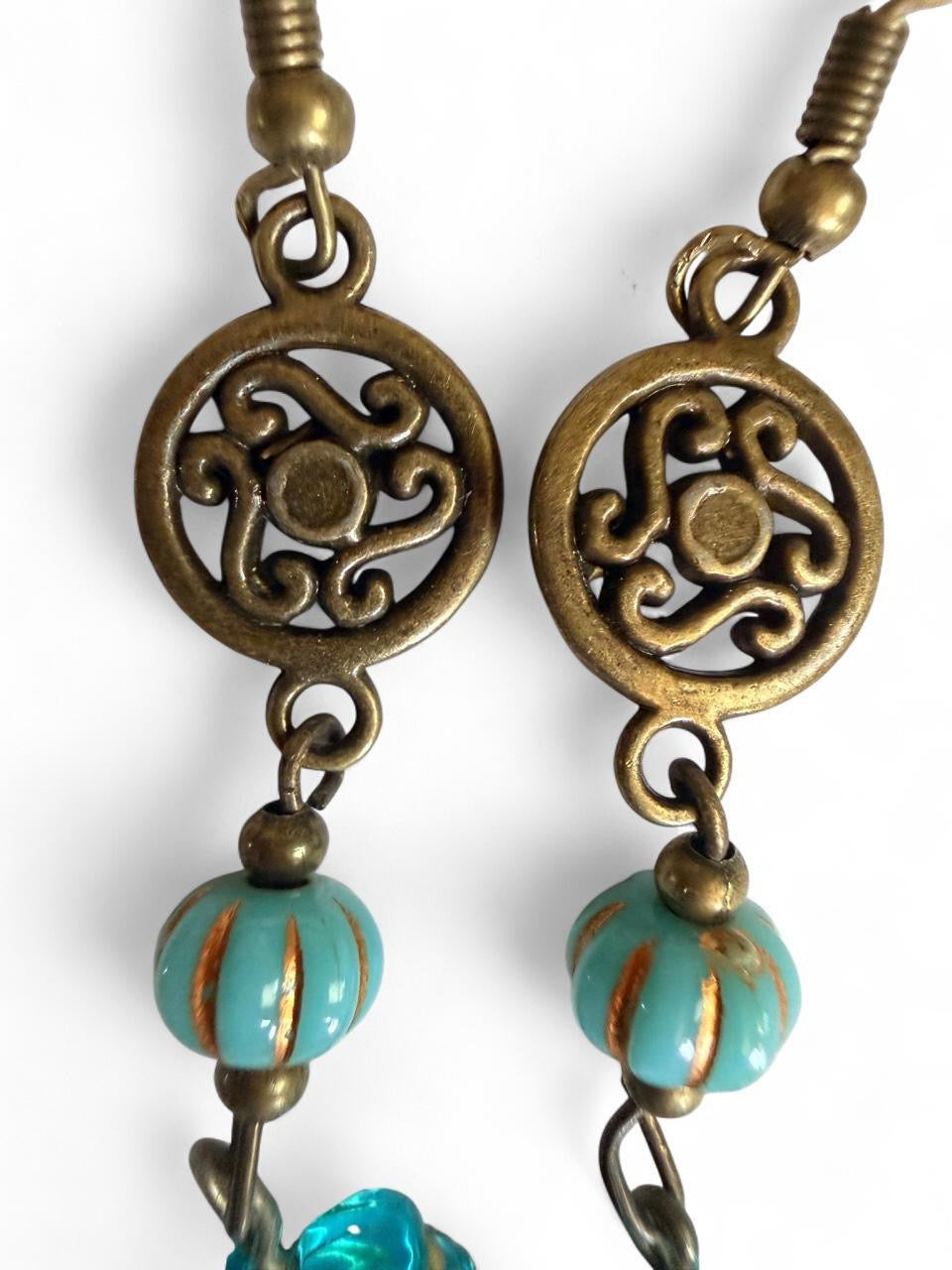 Harvest Souls – Turquoise Swirl & Blue Leaf Earrings