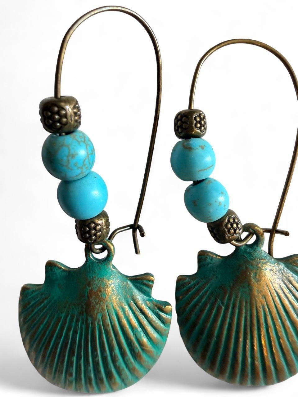 Handcrafted Verdigris Patina Seashell & Turquoise Beaded Hoop Dangle Earrings
