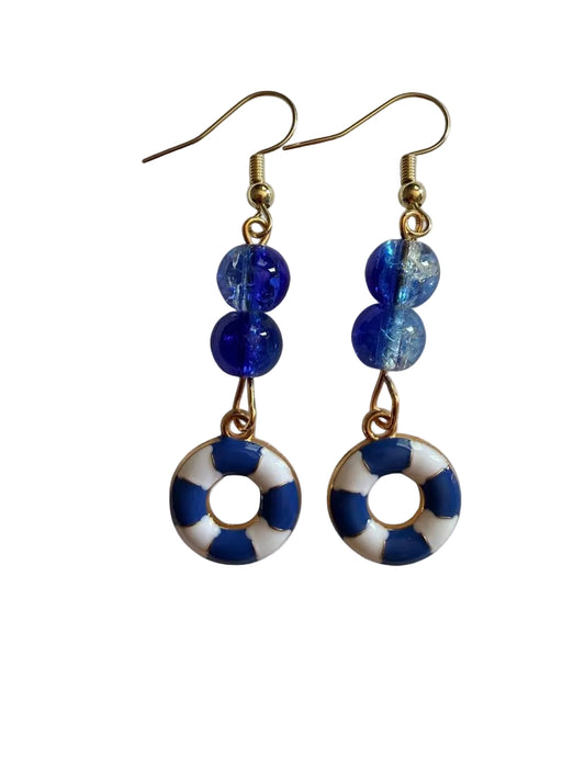 End of Summer Americana Lifesaver Earrings - Blue and White Nautical Buoy Dangle