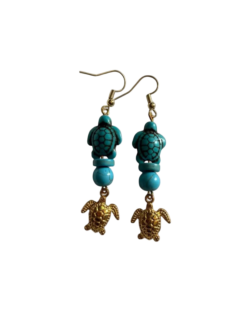 Handcrafted Turquoise Beaded Sea Turtle & Gold Turtle Dangle Earrings