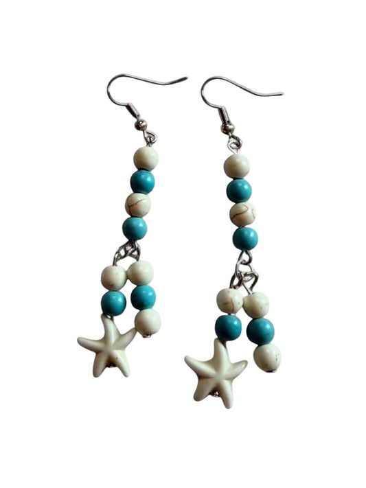 Handcrafted Turquoise & Cream Marbled Beaded Starfish Chandelier Dangle Earrings