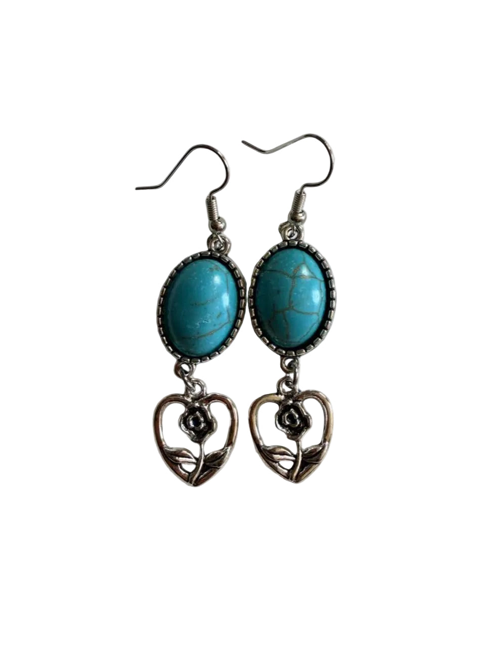 Handmade Turquoise & Silver Rose Heart Earrings