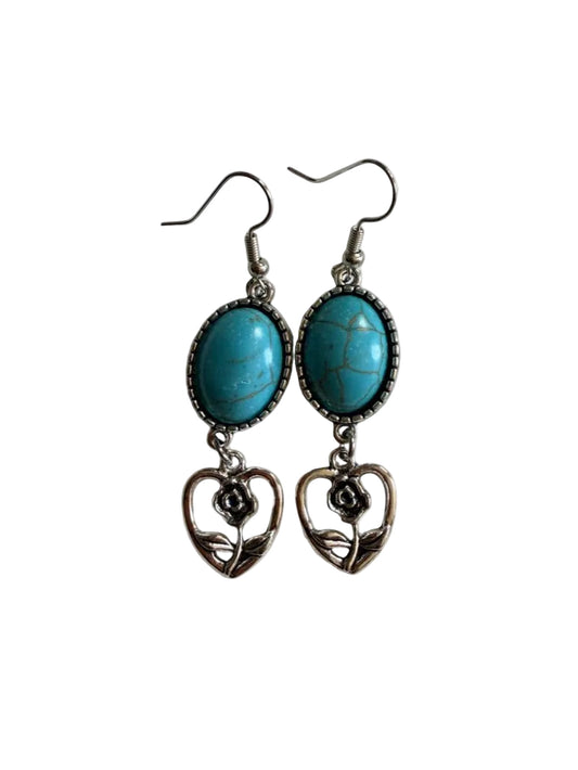 Handmade Turquoise & Silver Rose Heart Earrings