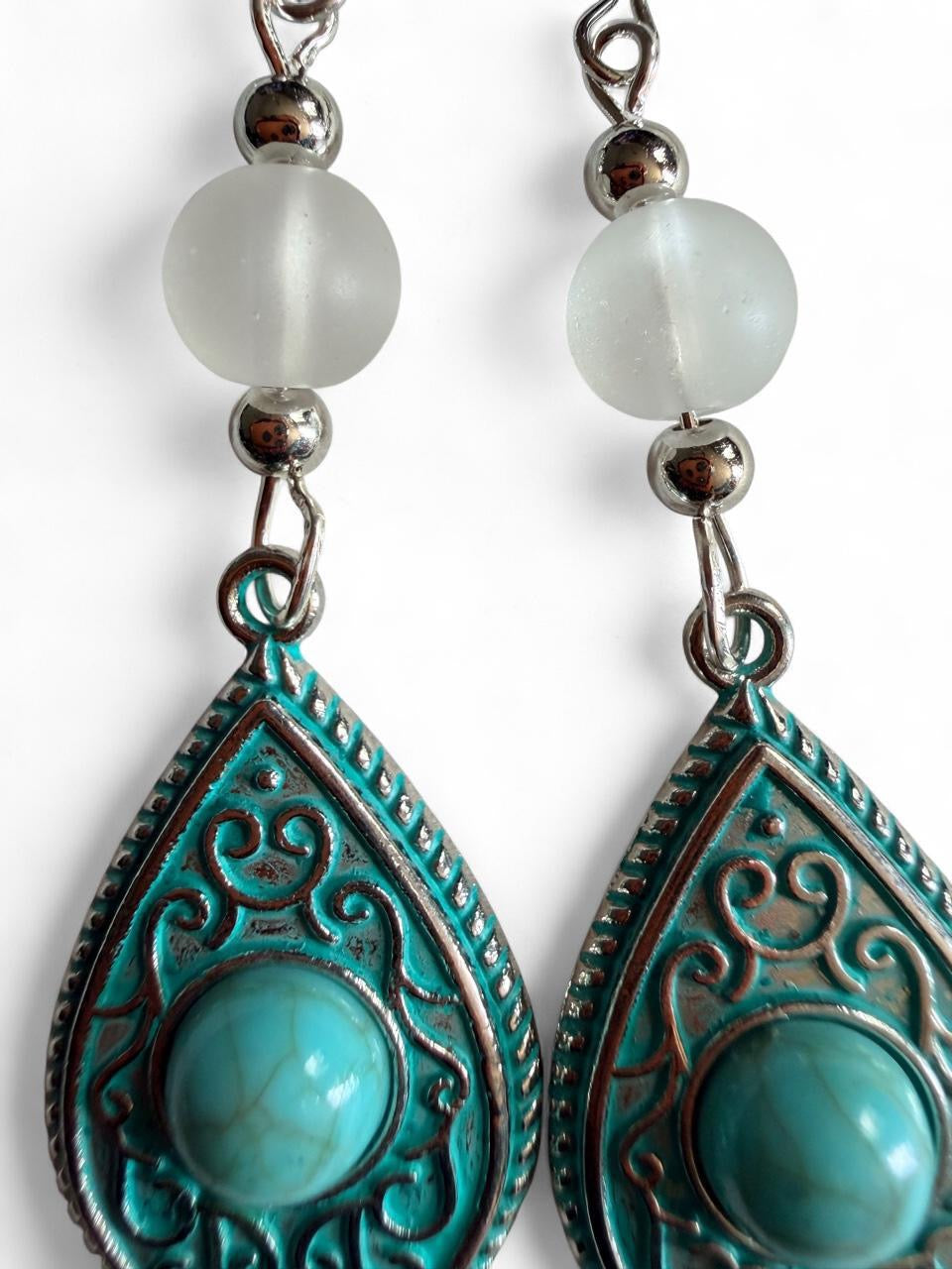 Handmade Boho Turquoise & Frosted Teardrop Dangle Earrings