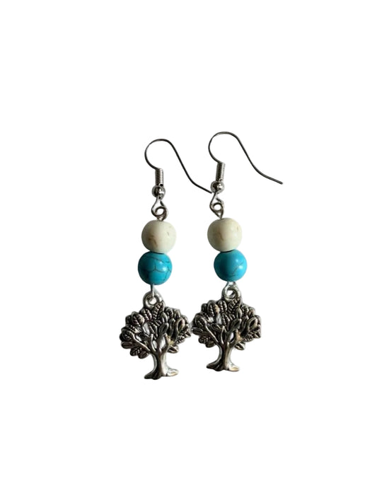 Tree of Life Dangle Earrings - White & Turquoise Bead