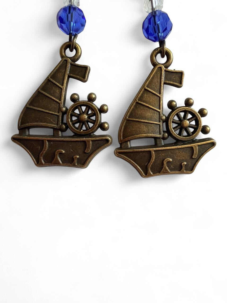 End of Summer Americana Bronze Sailboat Earrings - Royal Blue Nautical Dangle