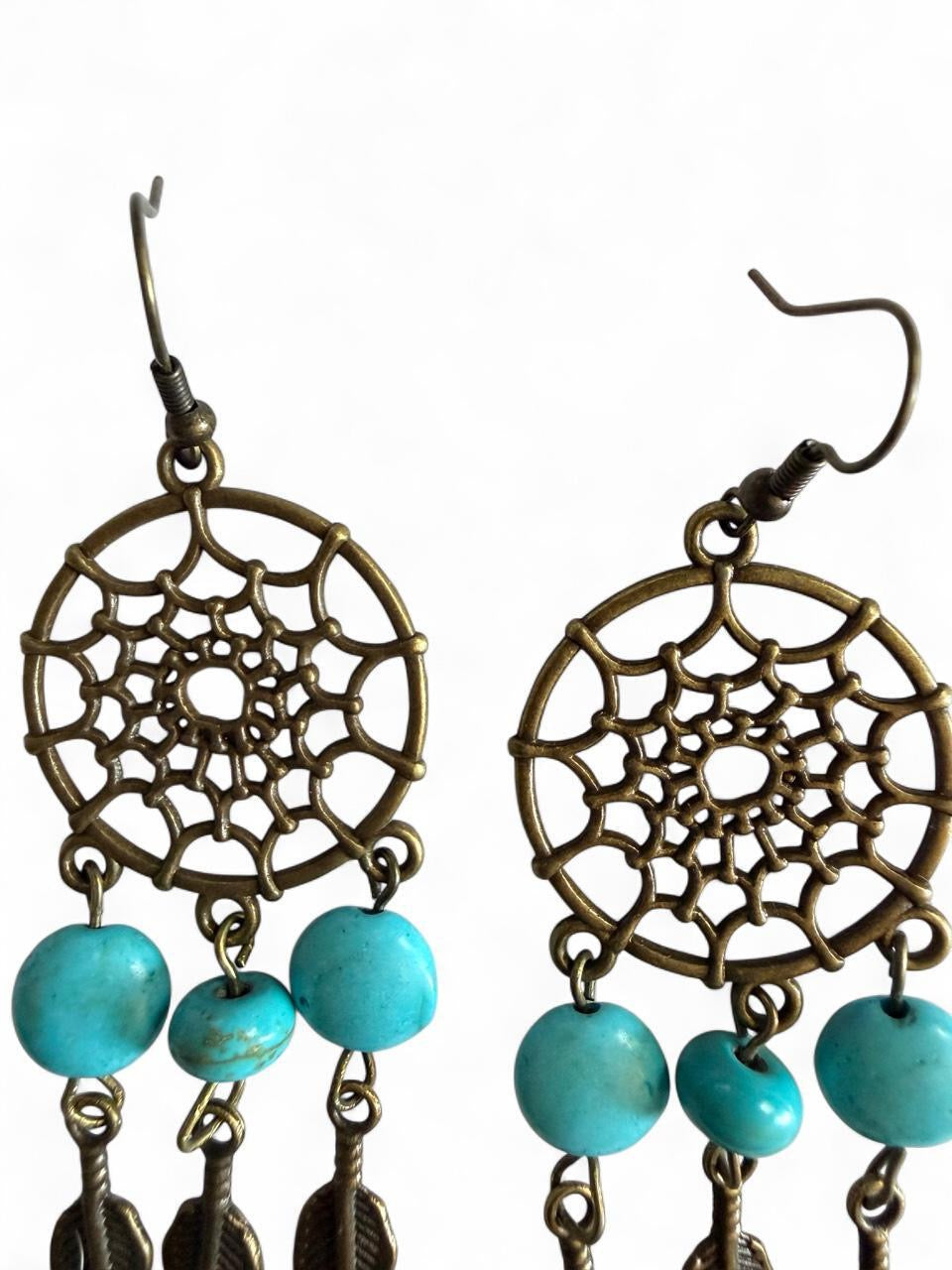 Handmade Bronze Dreamcatcher Earrings | Turquoise Feather Dangle | Boho Western
