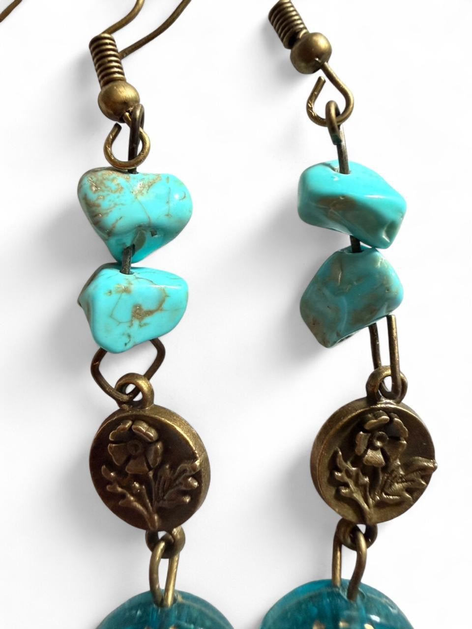 Handmade Turquoise Howlite & Brass Flower Coin Drop Earrings
