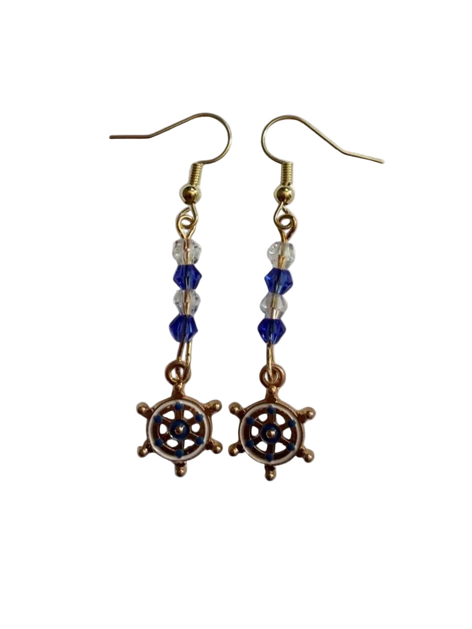 End of Summer Americana Ship Wheel Earrings - Blue and White Nautical Dangle