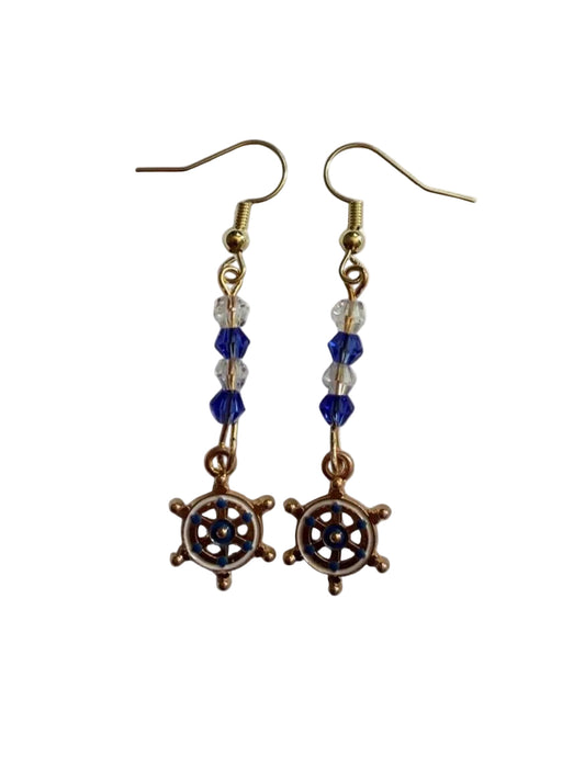 End of Summer Americana Ship Wheel Earrings - Blue and White Nautical Dangle