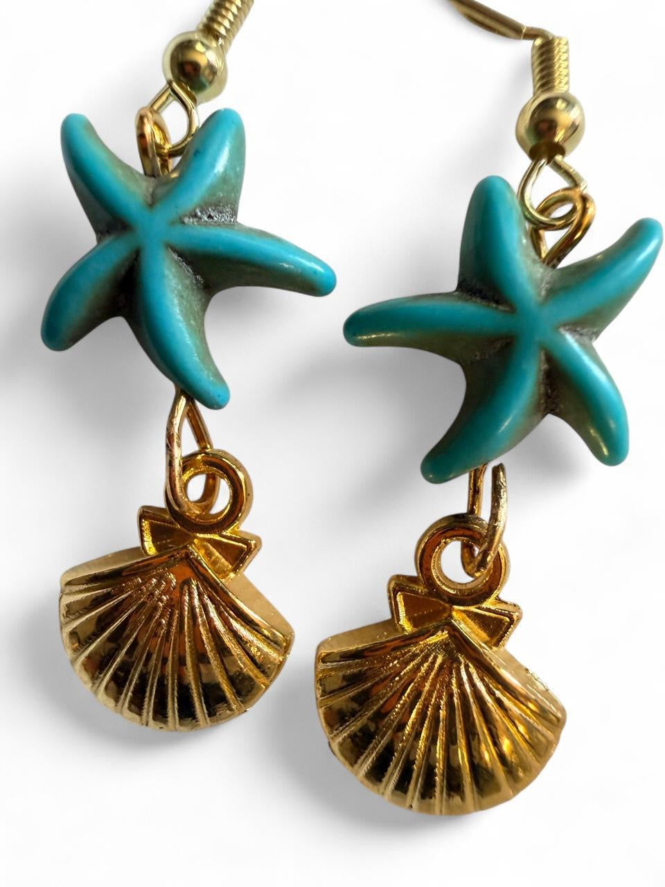 Handcrafted Turquoise Starfish & Shiny Gold Seashell Dangle Earrings