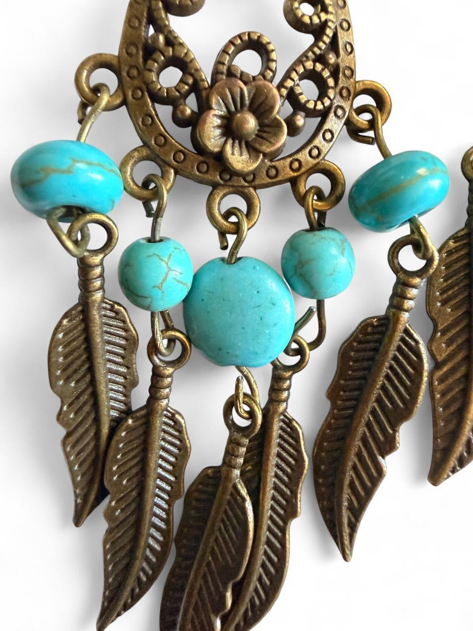 Dreamcatcher Feather Earrings - Turquoise & Antique Bronze - Handmade Boho Statement