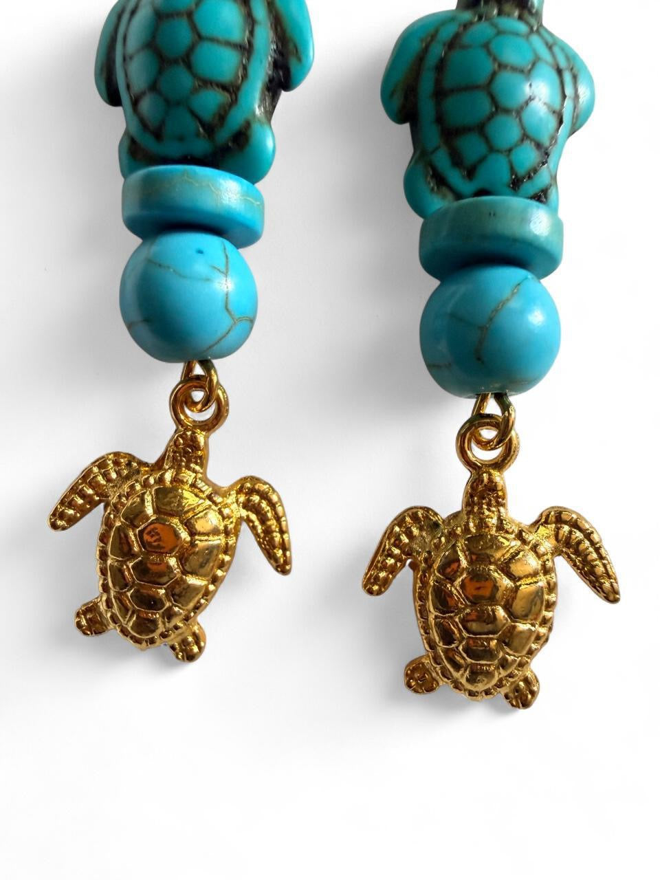 Handcrafted Turquoise Beaded Sea Turtle & Gold Turtle Dangle Earrings