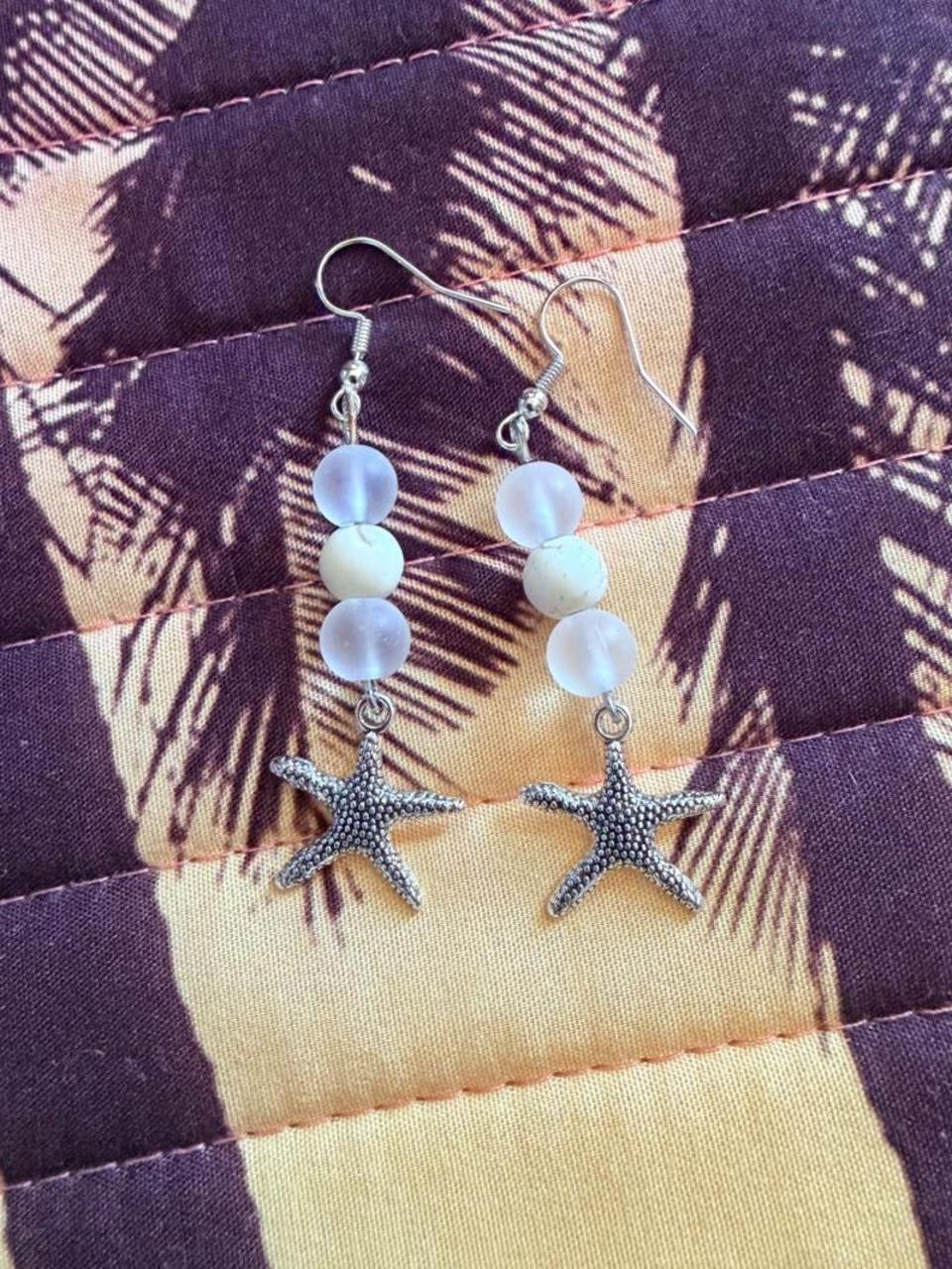 Handcrafted Frosted Sea Glass Style & Marbled Stone Starfish Dangle Earrings
