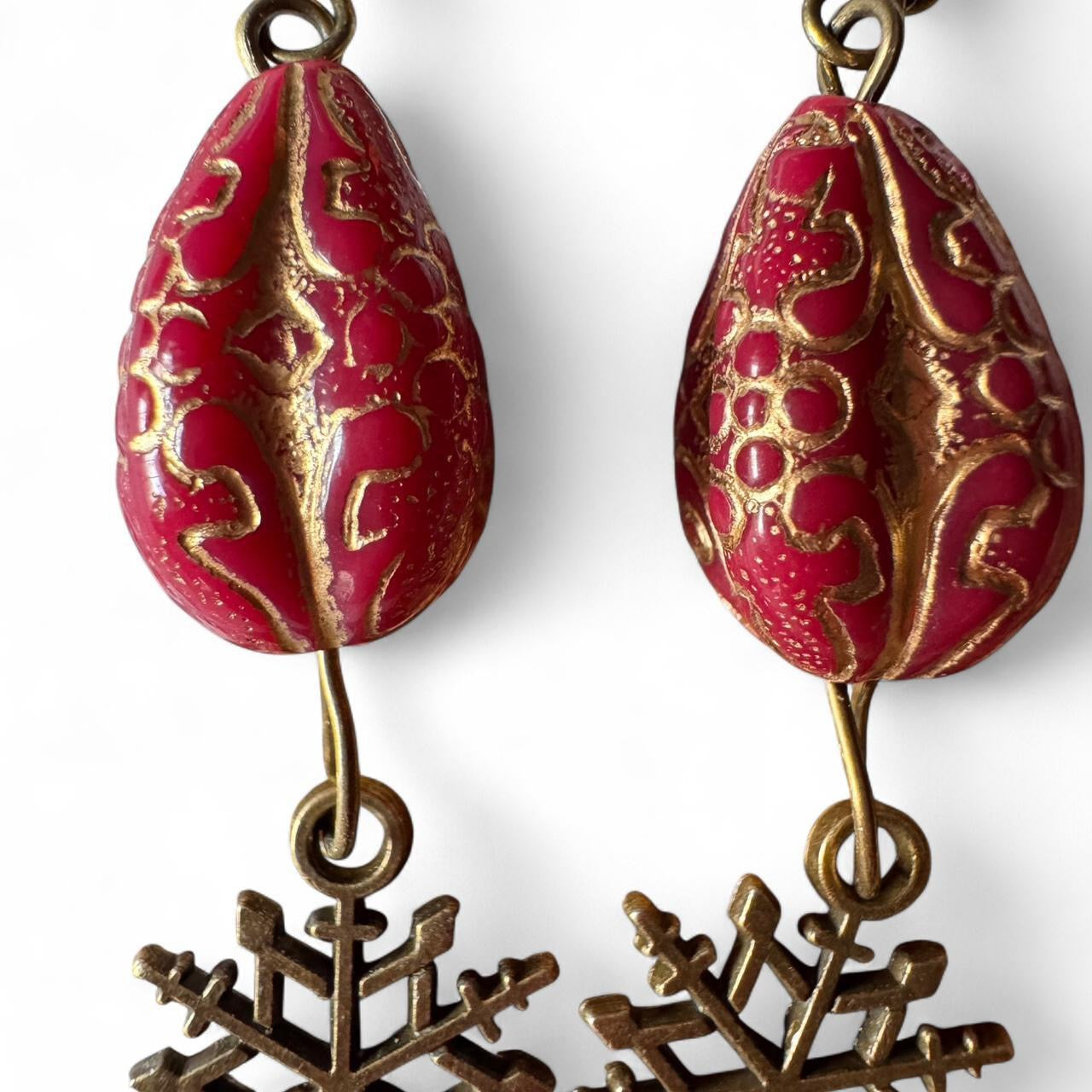Cranberry Red Teardrop & Antique Brass Snowflake Dangle Earrings – Handmade Winter Jewelry