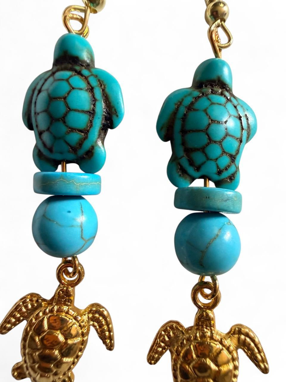Handcrafted Turquoise Beaded Sea Turtle & Gold Turtle Dangle Earrings